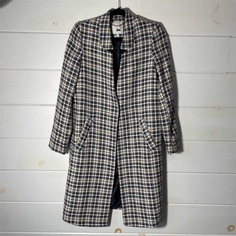 River Island Hounds-tooth Plaid Overcoat Size 8 Mid-Length Light‎ Weight
